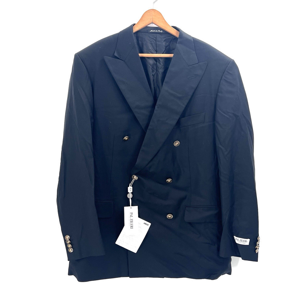 Pal Zileri Black 100% Wool Double Breasted Sport Coat Suit Blazer Mens 54 R